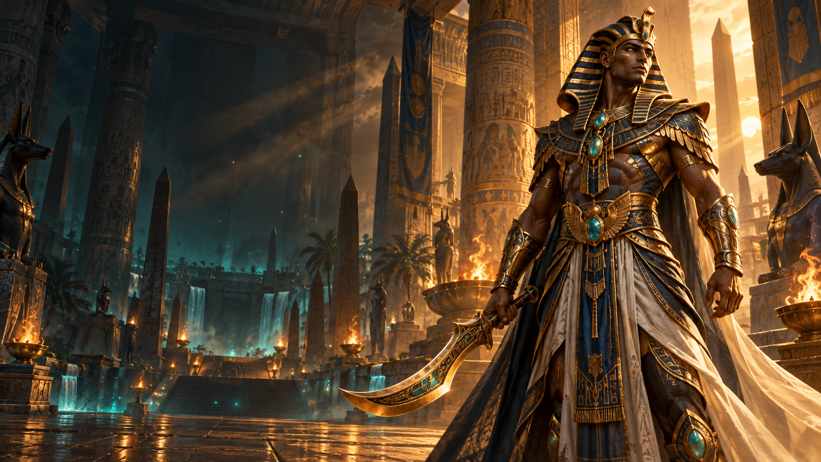 Osirith guardian in a golden Egyptian temple — fantasy artwork